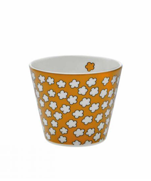 tazzina caffe' ml 100 altezza cm 5.5 diametro cm 6.5 senza manico e senza piattino colore arancio con piccoli fiori bianchi